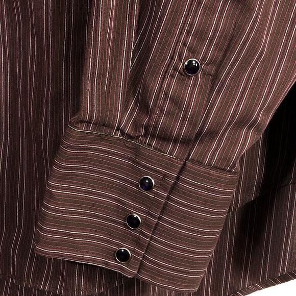 Vintage Western Pearl Snap Shirt Dark Red Black Stripe Flying R USA 18 1/2 37 - Picture 2 of 8